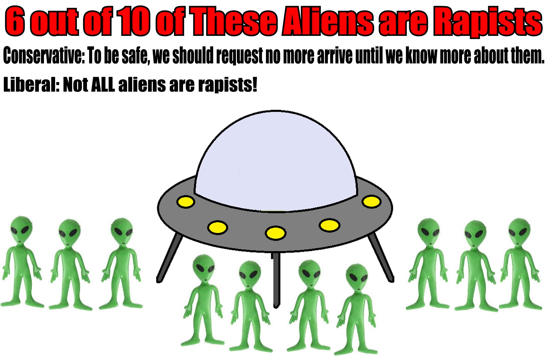 human behavior - Gout of 10 of These Aliens are Rapists Conservative To be safe, we should request no more arrive until we know more about them. Liberal Not All aliens are rapists!