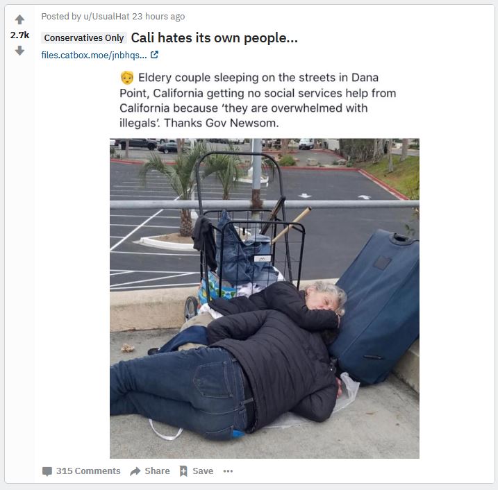 elderly couple sleeping on the streets in california - Posted by uUsualHat 23 hours ago Conservatives Only Cali hates its own people... files.catbox.moejnbhas... C Eldery couple sleeping on the streets in Dana Point, California getting no social services 