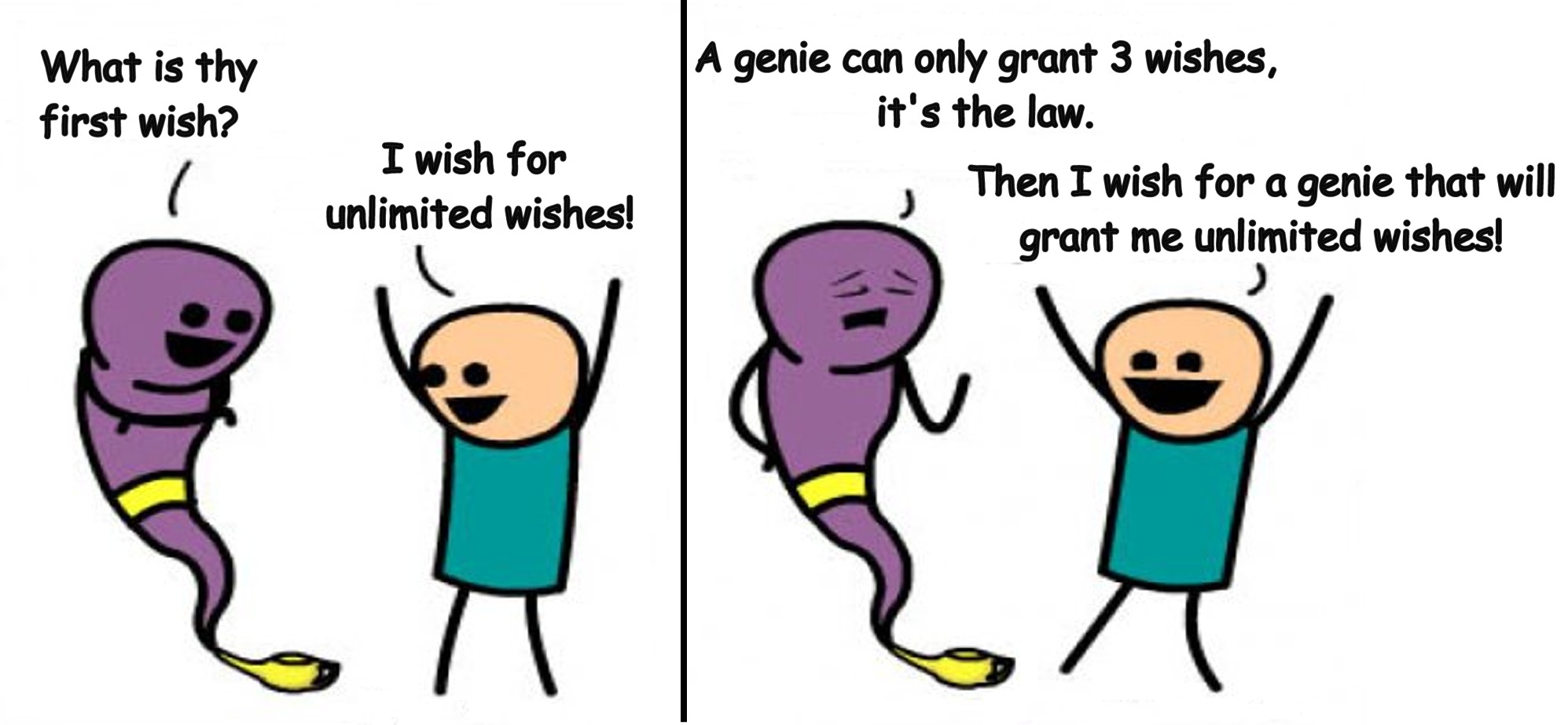 cartoon - What is thy first wish? I wish for unlimited wishes! A genie can only grant 3 wishes, it's the law. Then I wish for a genie that will grant me unlimited wishes!