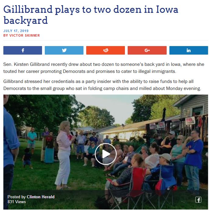 community - Gillibrand plays to two dozen in Iowa backyard By Victor Skinner G in Sen. Kirsten Gillibrand recently drew about two dozen to someone's back yard in lowa, where she touted her career promoting Democrats and promises to cater to illegal immigr