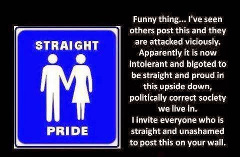 straight pride - Straight Funny thing... I've seen others post this and they are attacked viciously. Apparently it is now intolerant and bigoted to be straight and proud in this upside down, politically correct society we live in. I invite everyone who is