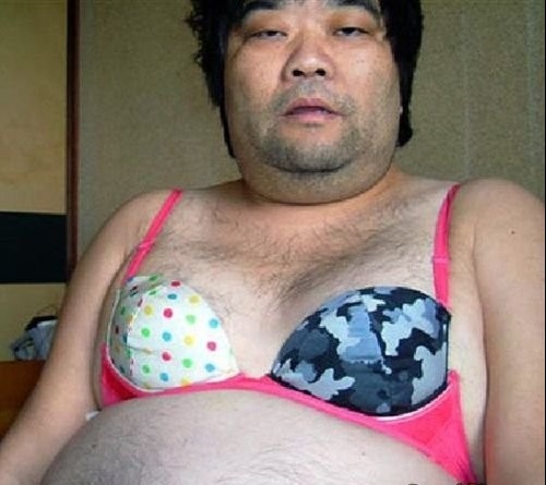 Funniest Fat Asian Guy Wearing Smallest Pink Bra - Picture