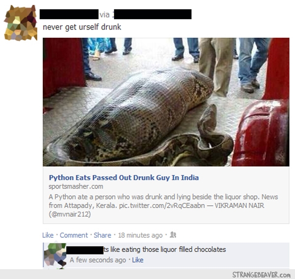 python swallows man - via never get urself drunk Python Eats Passed Out Drunk Guy In India sportsmasher.com A Python ate a person who was drunk and lying beside the liquor shop. News from Attapady, Kerala. pic.twitter.com2vRqCEaabn Vikraman Nair Comment 1