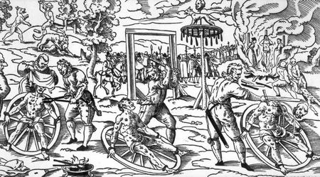Breaking Wheel - A person was tied to the wheel and an executioner broke any bone necessary to escape, usually left to die and be devoured by wild animals.
