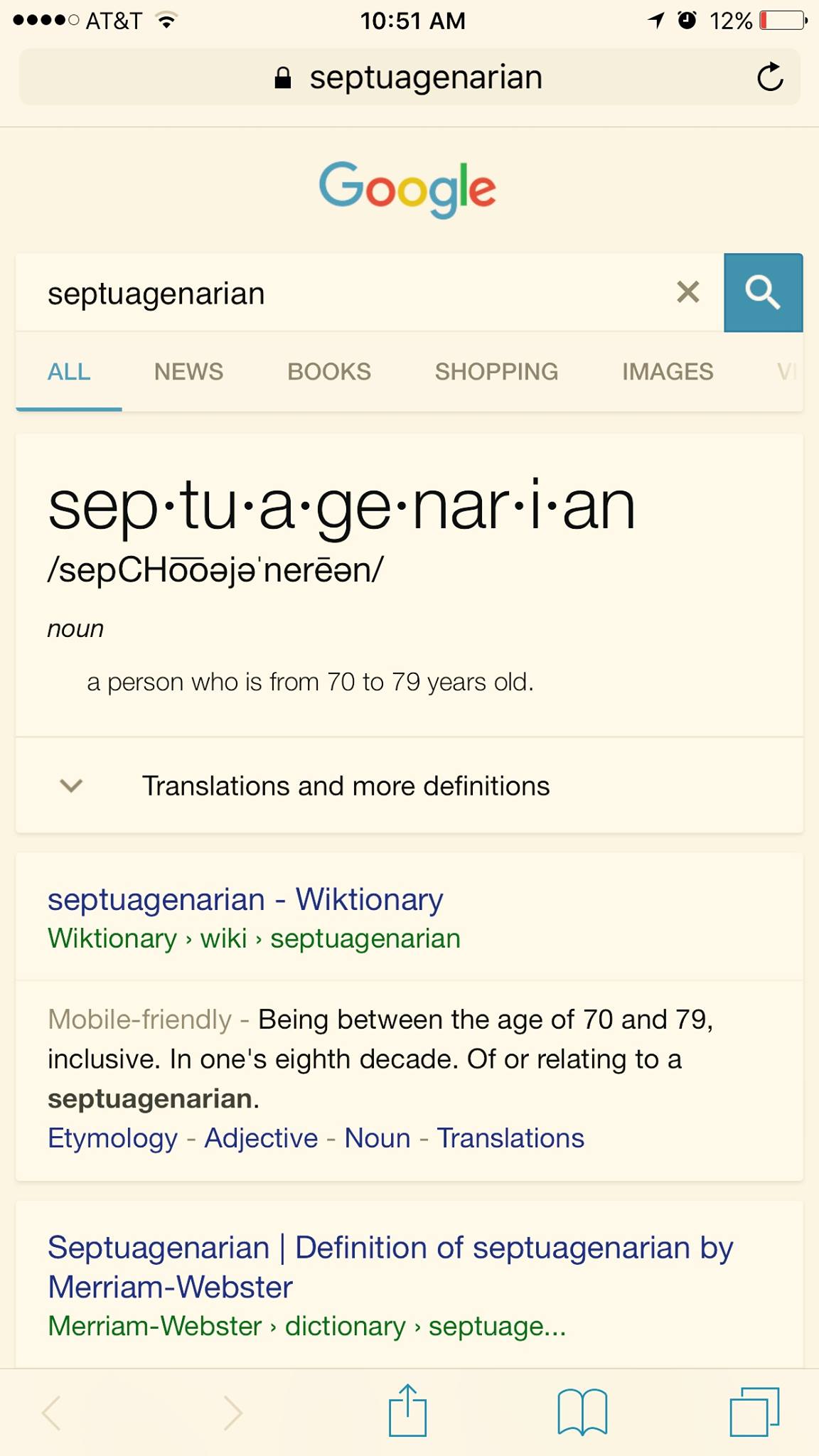 orange labs - ..0 At&T a 1 @ 12% O 1 septuagenarian Google septuagenarian All News Books Shopping Images Vi sep.tua.genar.ian sepCHOOj nern noun a person who is from 70 to 79 years old. V Translations and more definitions septuagenarian Wiktionary Wiktion