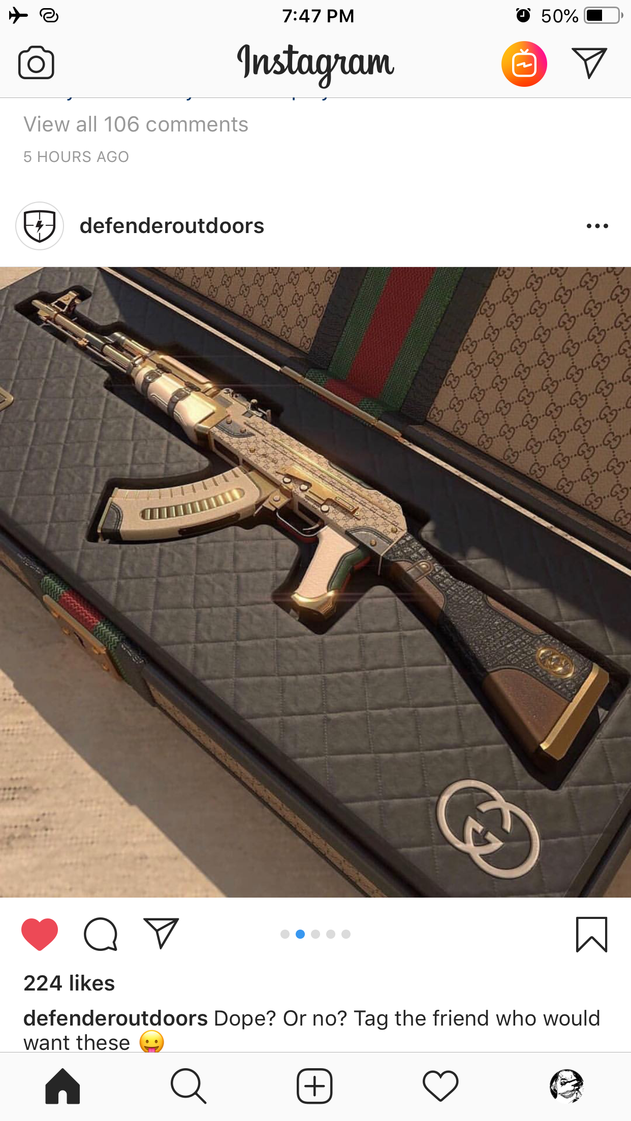 random pic gucci ak 47 - 50% Instagram View all 106 Shours Ago defenderoutdoors Qy ... 224 defenderoutdoors Dope? Or no? Tag the friend who would want these
