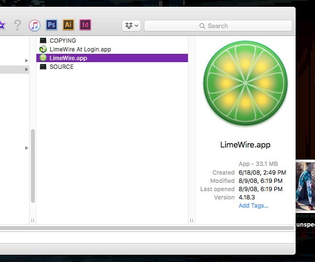 screenshot - Q Search Copying LimeWire At Login.app LimeWire.app Source LimeWire.app App 33.1 Mb Created 61808, Modified 8908, Last opened 8908, Version 4.18.3 Add Tags... unspei