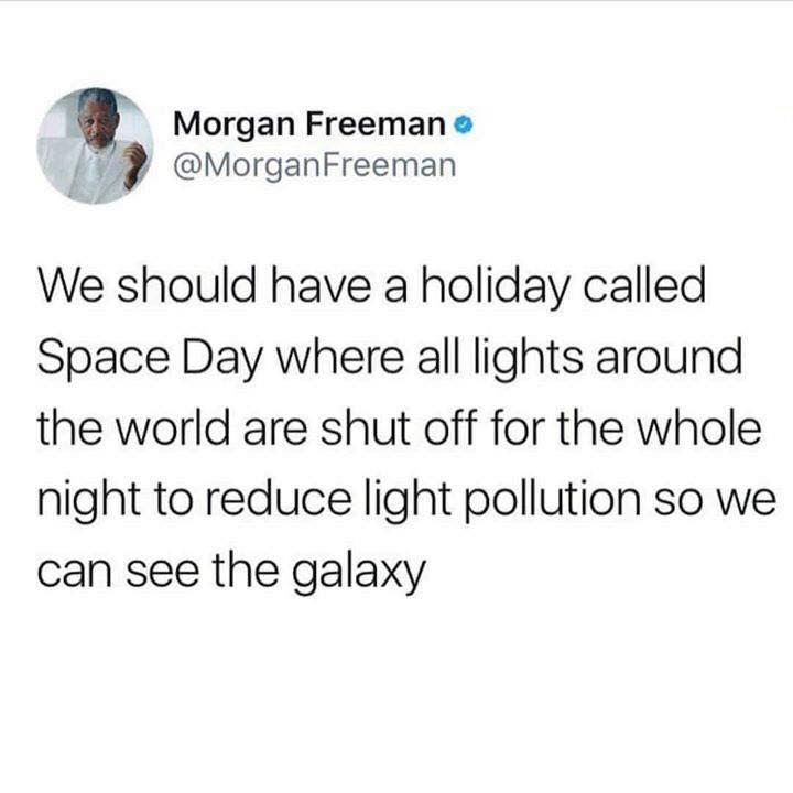 am in fact the alcoholic - Morgan Freeman Freeman We should have a holiday called Space Day where all lights around the world are shut off for the whole night to reduce light pollution so we can see the galaxy