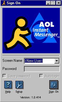 aim 90s - Sign On Lox Aol Instant Messenger Screen Name New User Password Save password Autologin Help Sign On Setup Version 1.0.414