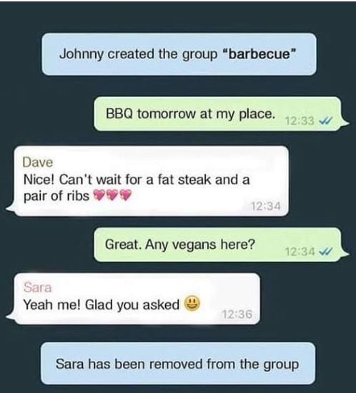 Johnny created the group "barbecue" Bbq tomorrow at my place. vi Dave Nice! Can't wait for a fat steak and a pair of ribs 99 Great. Any vegans here? 1919 Sara Yeah me! Glad you asked Sara has been removed from the group