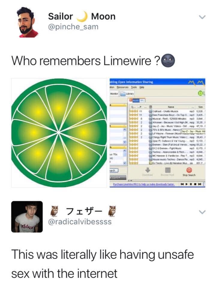 limewire meme - Sailor Moon sam Who remembers Limewire ? Sting Open Information Sharing Q loh yt. Som 34 Duty 47,19 Mw Blog the Young 102 Techerche 55 32 10 404 Techne Du 2517 Photos Nion 1 wboard This was literally having unsafe sex with the internet