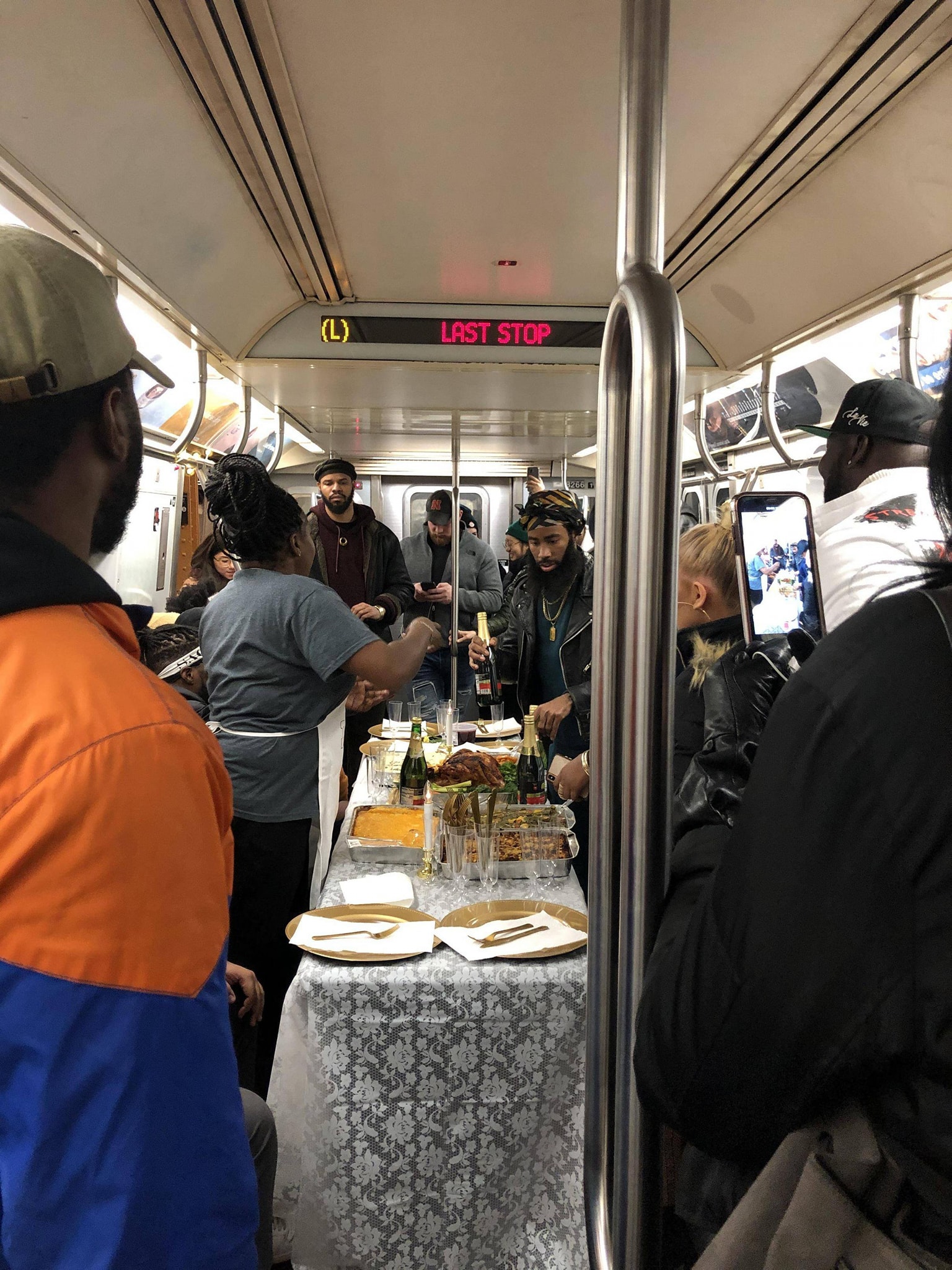 nyc subway thanksgiving dinner - L Brst Stop