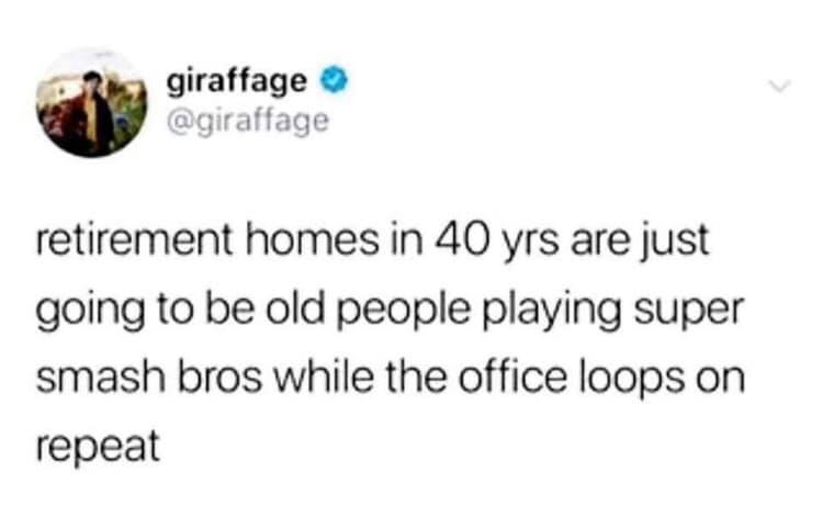 twos day - giraffage retirement homes in 40 yrs are just going to be old people playing super smash bros while the office loops on repeat