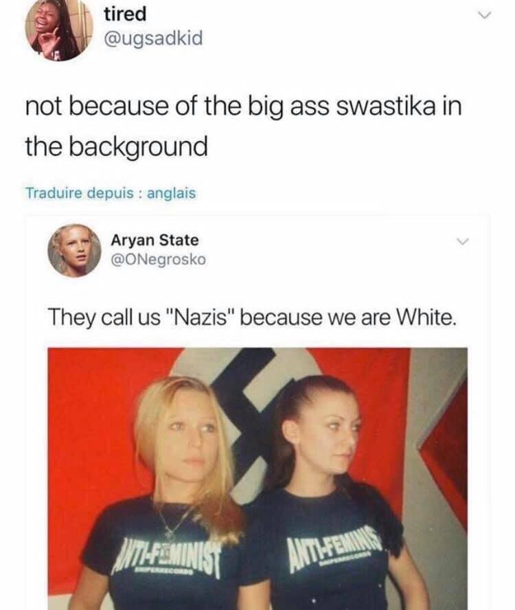 they call us nazis because we are white - tired not because of the big ass swastika in the background Traduire depuis anglais Aryan State They call us "Nazis" because we are White. WitComini AntwFerida