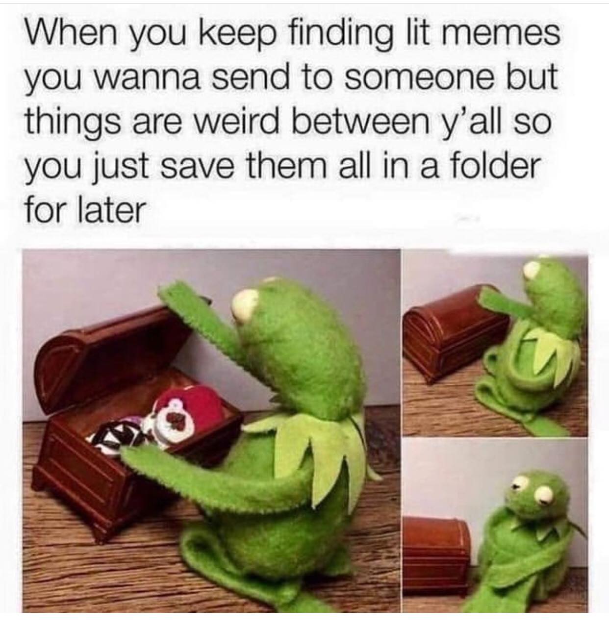 kermit the frog memes - When you keep finding lit memes you wanna send to someone but things are weird between y'all so you just save them all in a folder for later