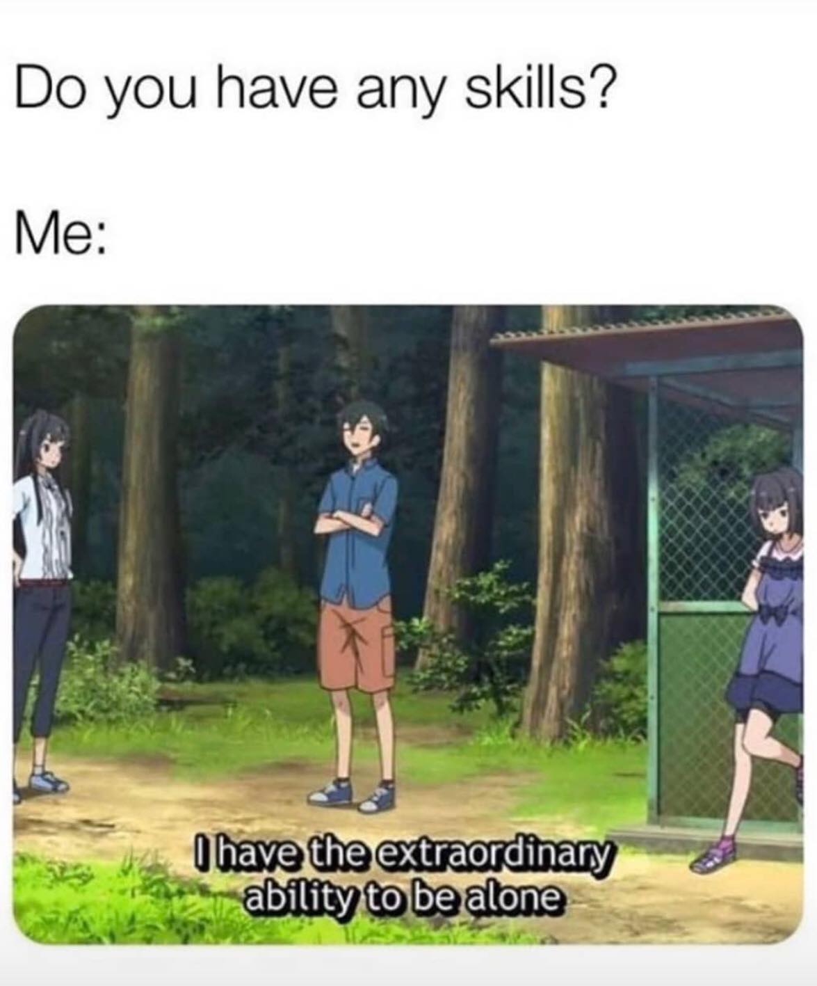 skilled anime memes - Do you have any skills? Me y have the extraordinary ability to be alone