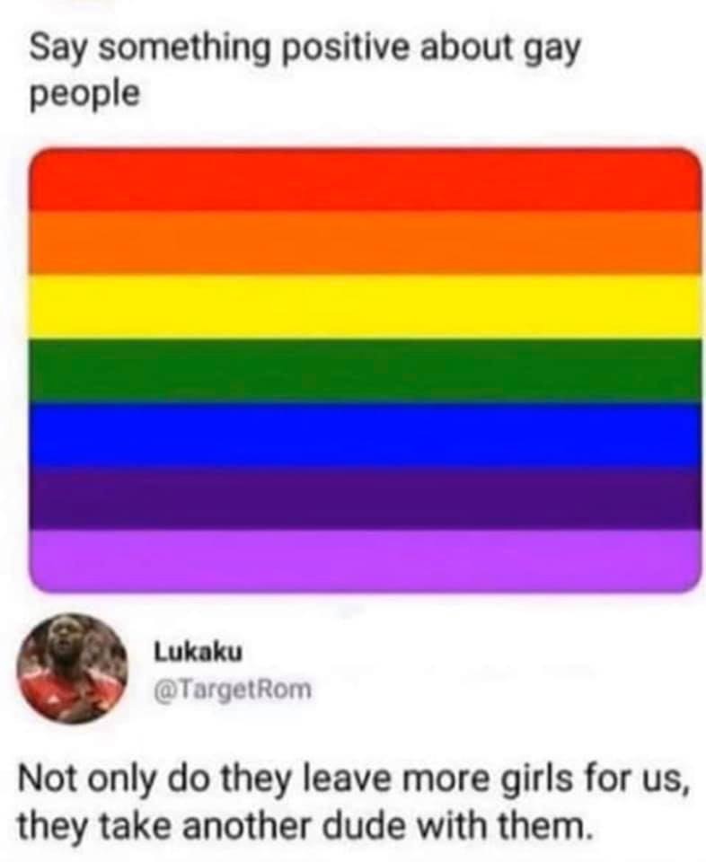 say something positive about gay people - Say something positive about gay people Lukaku Not only do they leave more girls for us, they take another dude with them.