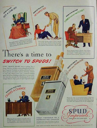 vintage cigarette ads - Got A Load Off He'S Infected Comes Out Of The Close There's a time to Switch To Spuds. de reg Put Outpora Promoda Myysi daro Tofd Rever Yoor As Sud Wes A Chang Ofix Sw Spud Imperial Treat Yourself To A Refreshing Change Ther Tobacc