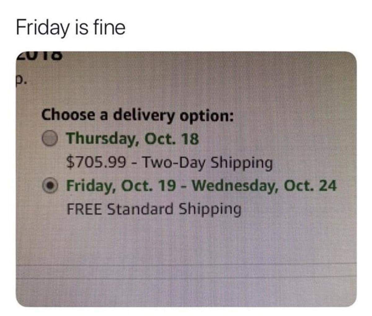 material - Friday is fine 2010 Choose a delivery option Thursday, Oct. 18 $705.99 TwoDay Shipping O Friday, Oct. 19 Wednesday, Oct. 24 Free Standard Shipping