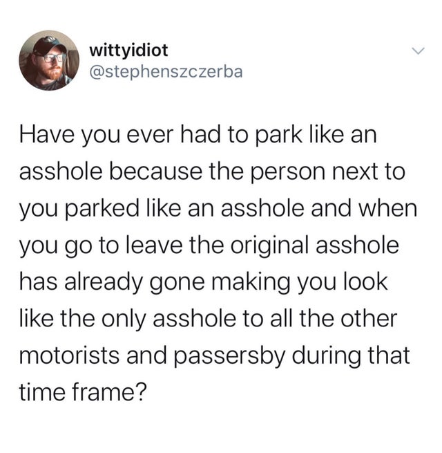 anti trans tweet - wittyidiot Have you ever had to park an asshole because the person next to you parked an asshole and when you go to leave the original asshole has already gone making you look the only asshole to all the other motorists and passersby du