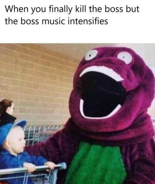 screaming barney meme - When you finally kill the boss but the boss music intensifies