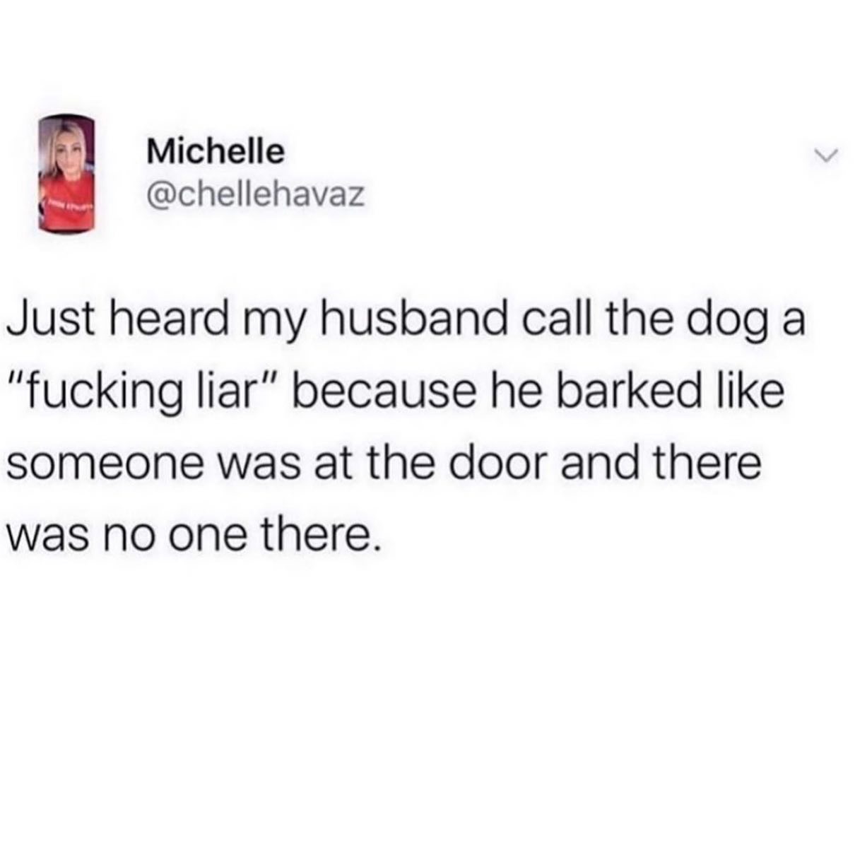 document - Michelle Just heard my husband call the dog a "fucking liar" because he barked someone was at the door and there was no one there.