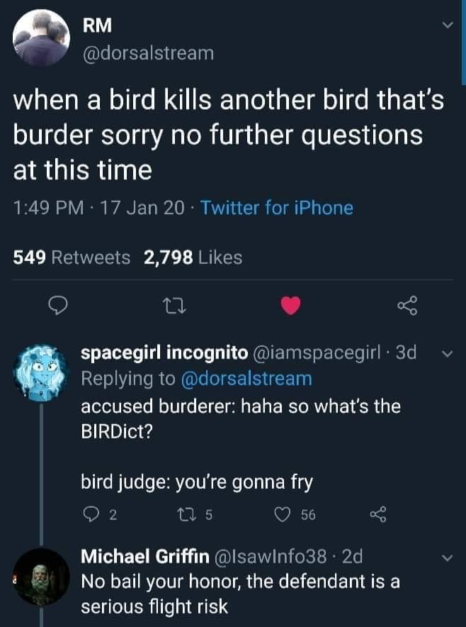 screenshot - Rm when a bird kills another bird that's burder sorry no further questions at this time 17 Jan 20. Twitter for iPhone 549 2,798 y spacegirl incognito . 3d accused burderer haha so what's the BIRDict? bird judge you're gonna fry 02 275 568 Mic