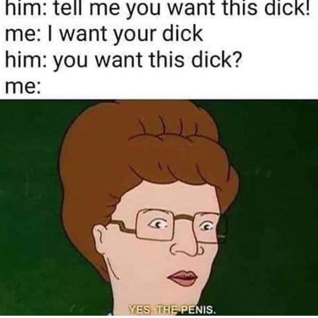 yes the penis king of the hill - him tell me you want this dick! me I want your dick him you want this dick? me Yes The Penis.