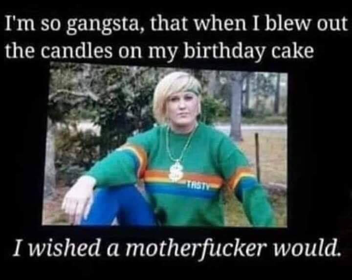 im so gangsta on my birthday - I'm so gangsta, that when I blew out the candles on my birthday cake Trsty I wished a motherfucker would.