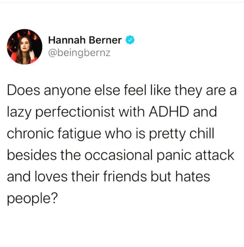 wear my emotions on my face - Hannah Berner Does anyone else feel they are a lazy perfectionist with Adhd and chronic fatigue who is pretty chill besides the occasional panic attack and loves their friends but hates people?