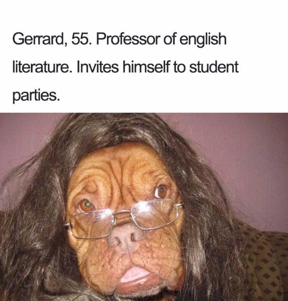 dogs as humans - Gerrard, 55. Professor of english literature. Invites himself to student parties.