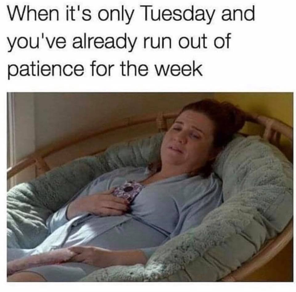 only tuesday meme - When it's only Tuesday and you've already run out of patience for the week