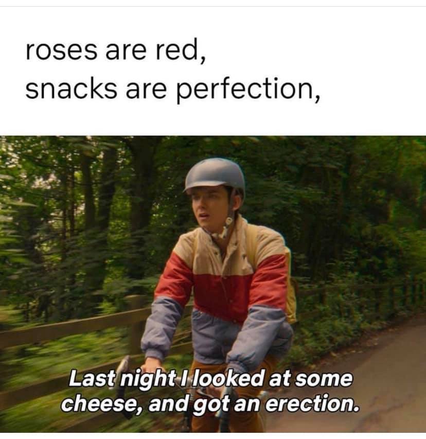 tree - roses are red, snacks are perfection, Last night I looked at some cheese, and got an erection.
