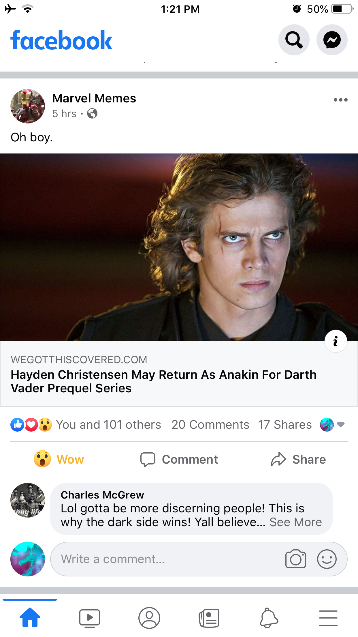 software - 50% facebook Q Marvel Memes 5 hrs Oh boy Wegotthiscovered.Com Hayden Christensen May Return As Anakin For Darth Vader Prequel Series Oo You and 101 others 20 17 Wow Comment Charles McGrew Lol gotta be more discerning people! This is why the dar