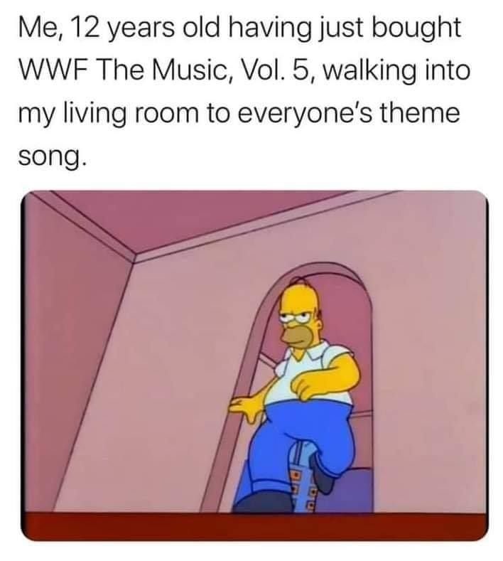 cartoon - Me, 12 years old having just bought Wwf The Music, Vol. 5, walking into my living room to everyone's theme song.