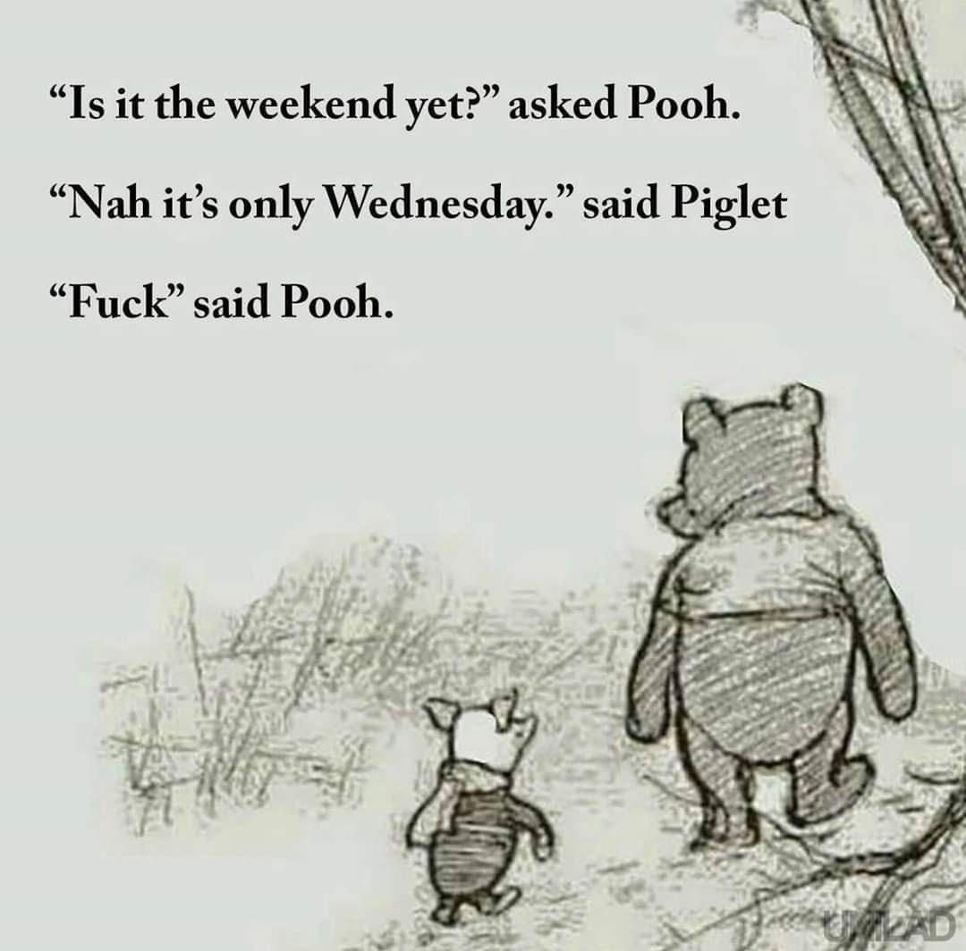 wednesday winnie the pooh quote - Is it the weekend yet? asked Pooh. Nah it's only Wednesday. said Piglet Fuck said Pooh.