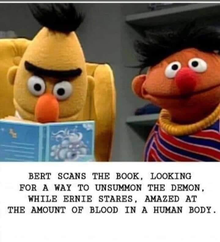 bert and ernie memes sarcasm - Oo Bert Scans The Book, Looking For A Way To Unsummon The Demon, While Ernie Stares, Amazed At The Amount Of Blood In A Human Body.