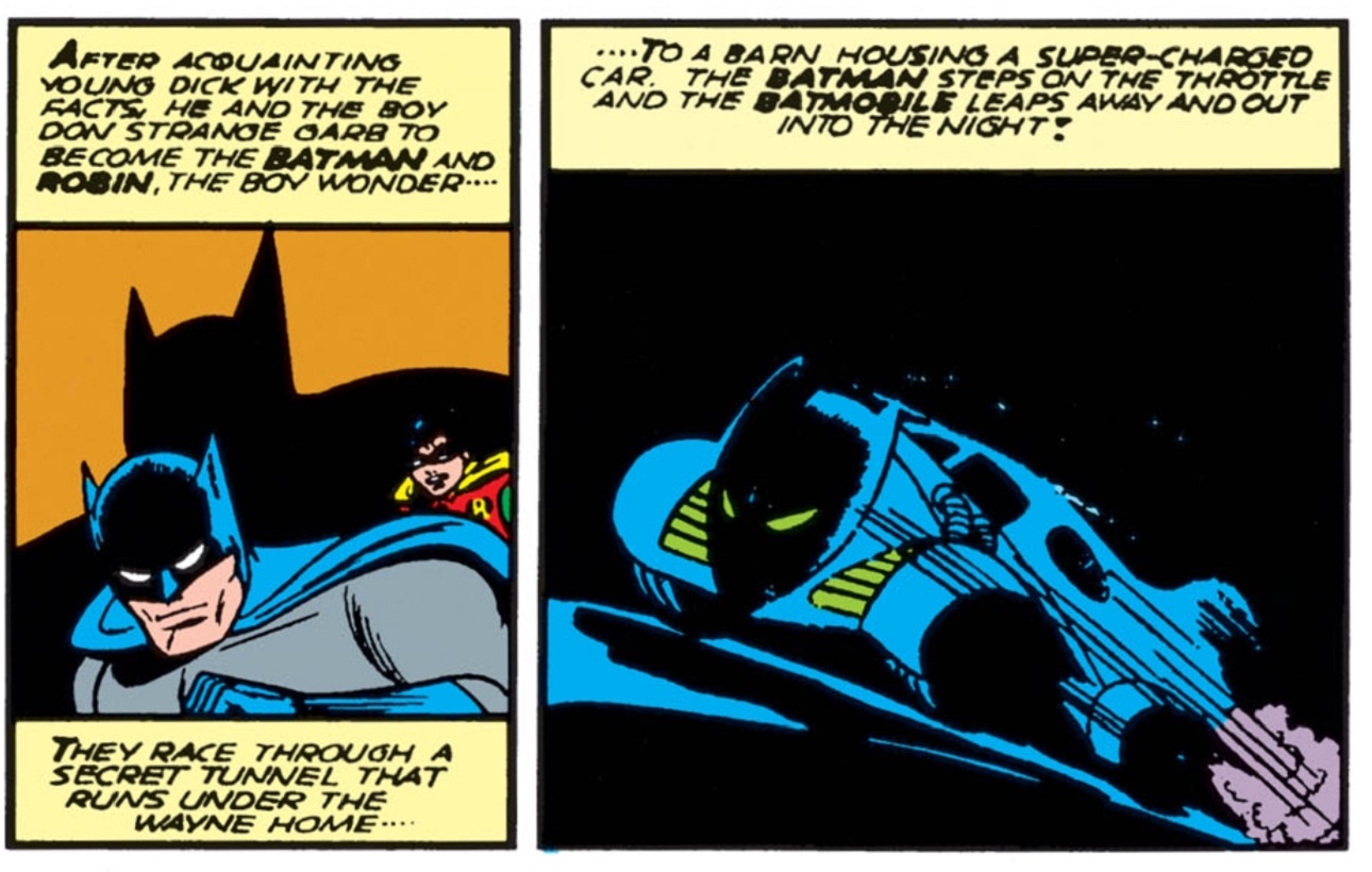 cartoon - Fr 40UAINTINO Vouno Dick With The Racts He Ano The Boy Dow Stranoe Oara To Become The Batman And Mobin, The Bov Wonder.... ...To A Barn Housing A Supercharged Car. The Batman Steps On The Throttle And The Batmobile Leaps Away And Out Night They 