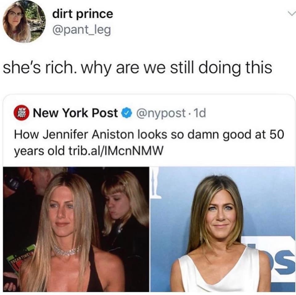 jennifer aniston 2020 - dirt prince she's rich. why are we still doing this New York Post 1d How Jennifer Aniston looks so damn good at 50 years old trib.alIMcnNMW