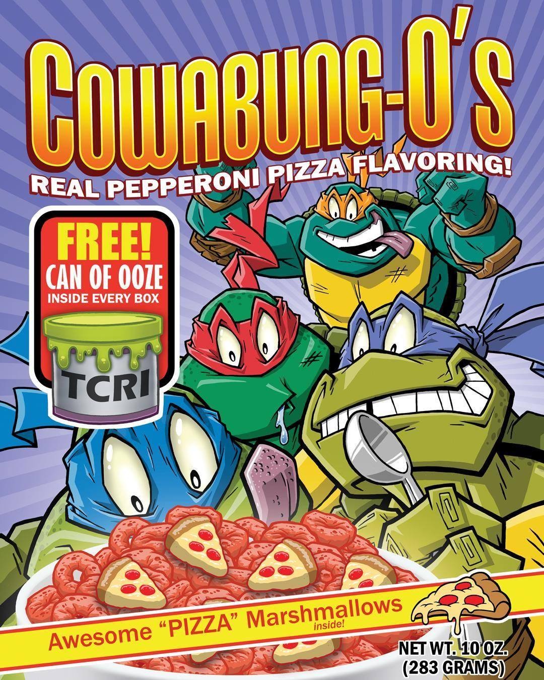 cartoon - CowabungU'S Real Pepperoni Pizza Flavoring Free! Can Of Ooze Inside Every Box Awesome "Pizza Marshmallows Net Wt. 10 oz. 283 Grams