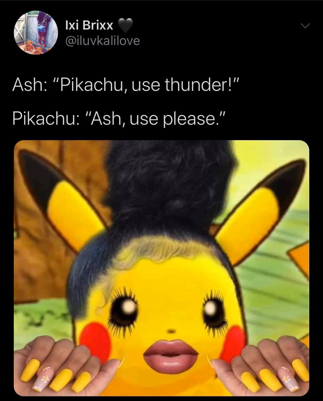 photo caption - Ixi Brixx Ash "Pikachu, use thunder!" Pikachu "Ash, use please."