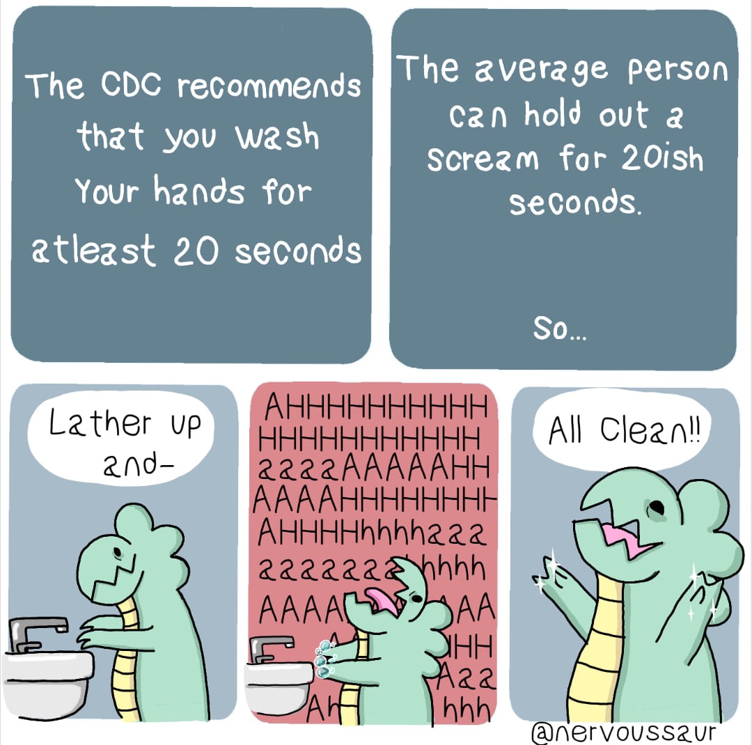 cartoon - The Cdc recommends that you wash Your hands for atleast 20 seconds The average person can hold out a Scream for 20ish seconds So... Lather up and All Clean!! Ahhhhhhhhhh Hhhhhhhhhhh 2222AAAAAHH Aaaahhhhhhhh AHHHHhhhh222 222222&hhhh Aaaacaaa I Ji