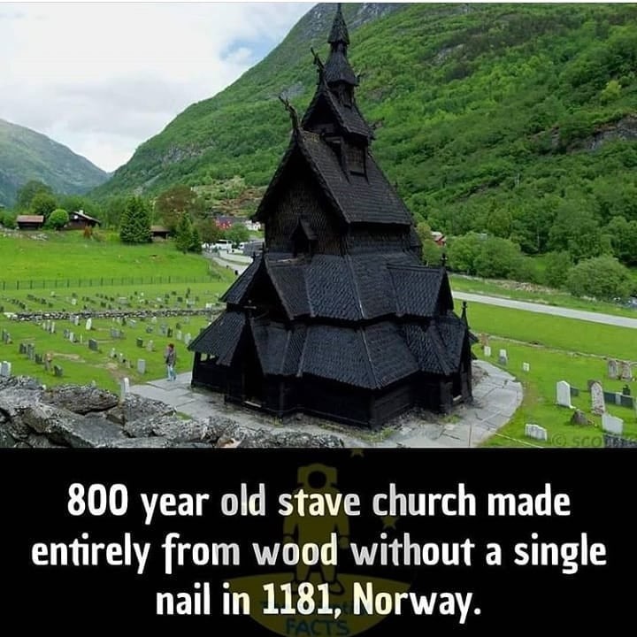 borgund stave church - 800 year old stave church made entirely from wood without a single nail in 1181, Norway.