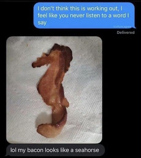 lol my bacon looks like a seahorse - I don't think this is working out, I feel you never listen to a word say Delivered lol my bacon looks a seahorse