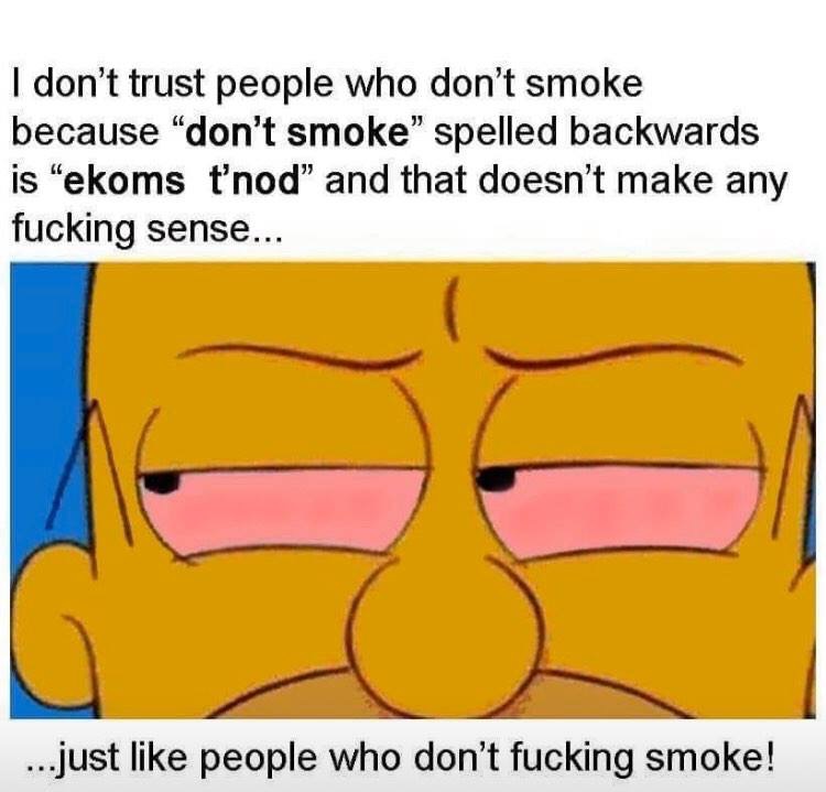 cartoon - I don't trust people who don't smoke because "don't smoke" spelled backwards is ekoms t'nod" and that doesn't make any fucking sense... ...just people who don't fucking smoke!