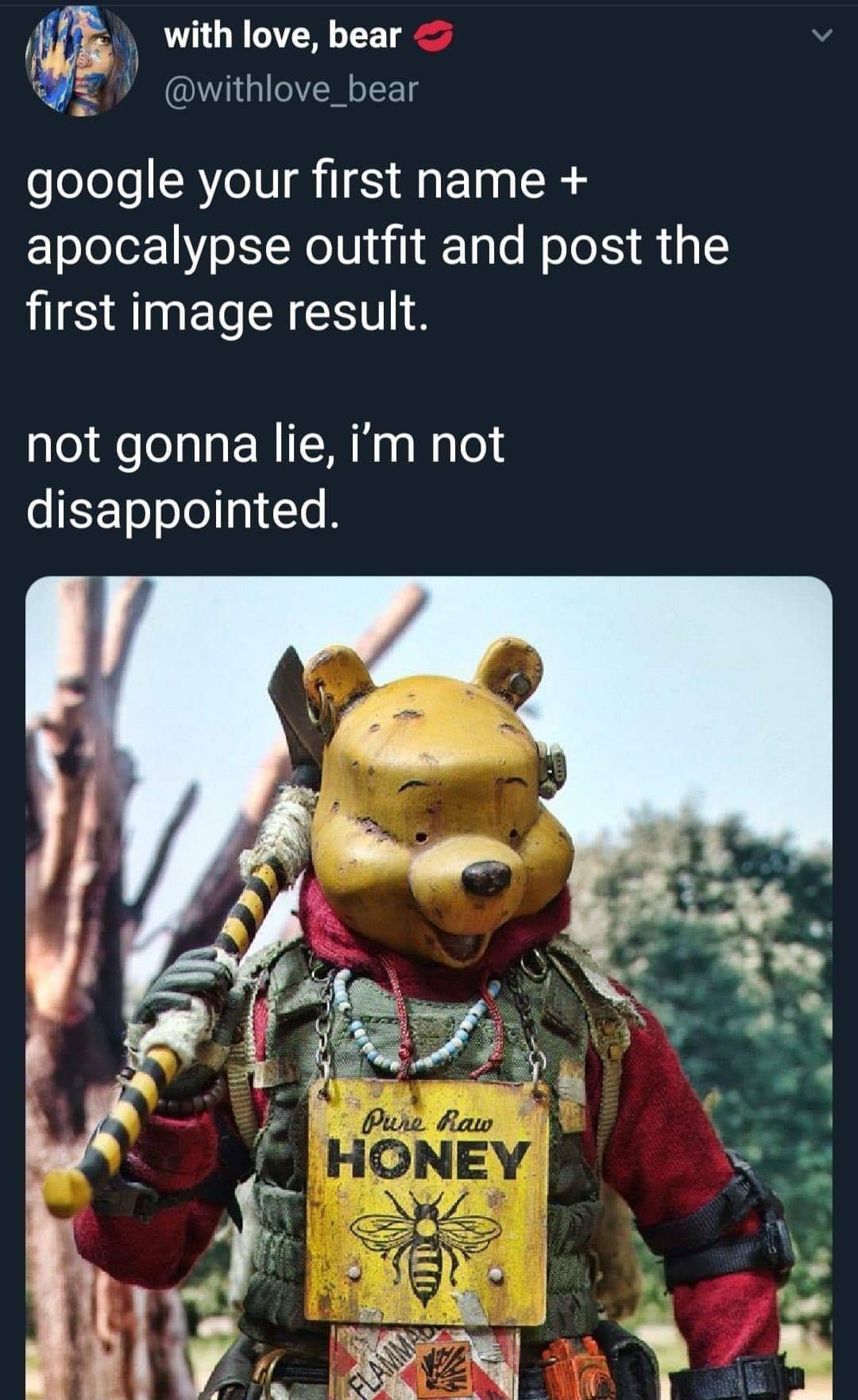 twitter - google your first name and apocalypse outfit and post the first image result. not gonna lie, i'm not disappointed - winnie the pooh in apocalypse outfit