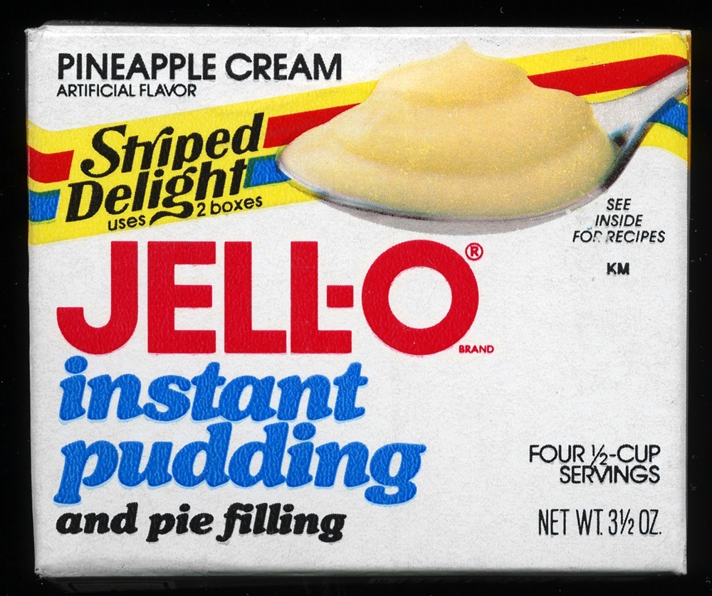 70's food brands - Pineapple Cream Artificial Flavor Striped Delight. uses See Inside For Recipes Km Brand Jello instant pudding and pie filling Four 12Cup Servings Net Wt 32 Oz.