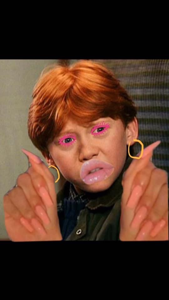 ron weasley photoshopped with drag queen nails and makeup