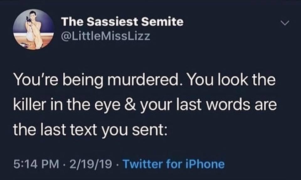 The Sassiest Semite MissLizz You're being murdered. You look the killer in the eye & your last words are the last text you sent 21919 Twitter for iPhone