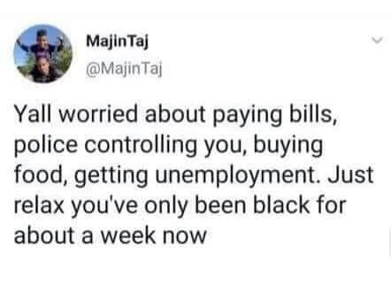 we are slaves to the system - Majin Taj Taj Majinta Yall worried about paying bills, police controlling you, buying food, getting unemployment. Just relax you've only been black for about a week now